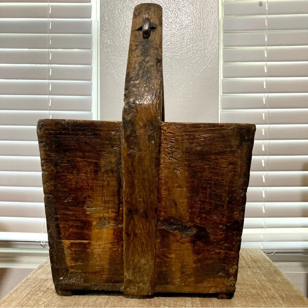 Big Wooden Rice Basket Bucket Rustic Distressed Farmhouse Decor